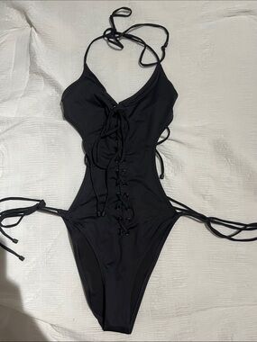 Black Lace-Up Halter One-Piece Swimsuit